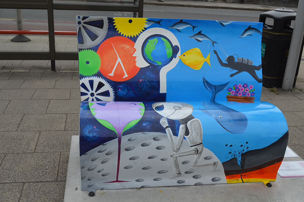 The front of the Hitchhikers' themed book bench that was in Greenwich (back of which is the featured image)