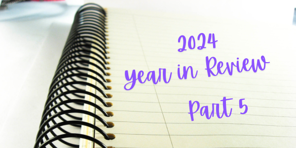 White spiral notebook on white table. Text reads '2024 Year in Review Part 5'