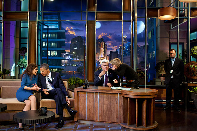President Barack Obama talks with co-producer Michele Tasoff during a break in taping “The Tonight Show with Jay Leno” at NBC Studios. Photo courtesy Wikipedia.