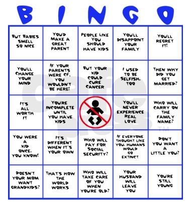 Child-Free Bingo card - by Carlos Castillo via his Flickr, and used under a Creative Commons Attribution-ShareAlike license