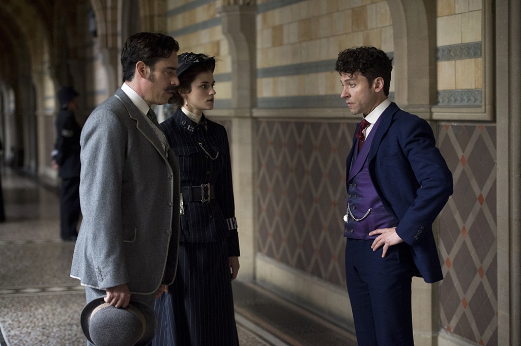 Stephen Magadan, Rebecca Liddiard and Michael Weston in the “The Maggie’s Redress” series premiere episode of HOUDINI & DOYLE