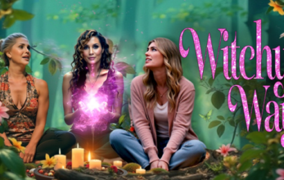 three white women sitting in a forest, the middle one with a spark of something in her hands