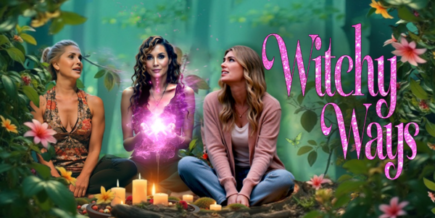 three white women sitting in a forest, the middle one with a spark of something in her hands