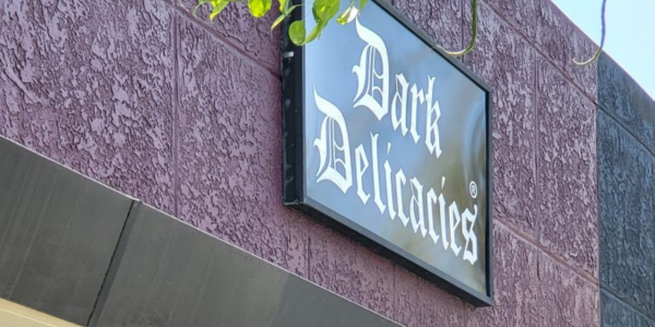 the outside of a strip mall store, #822. The top has a burgundy background and a black sign with the words 'Dark Delicacies'.
